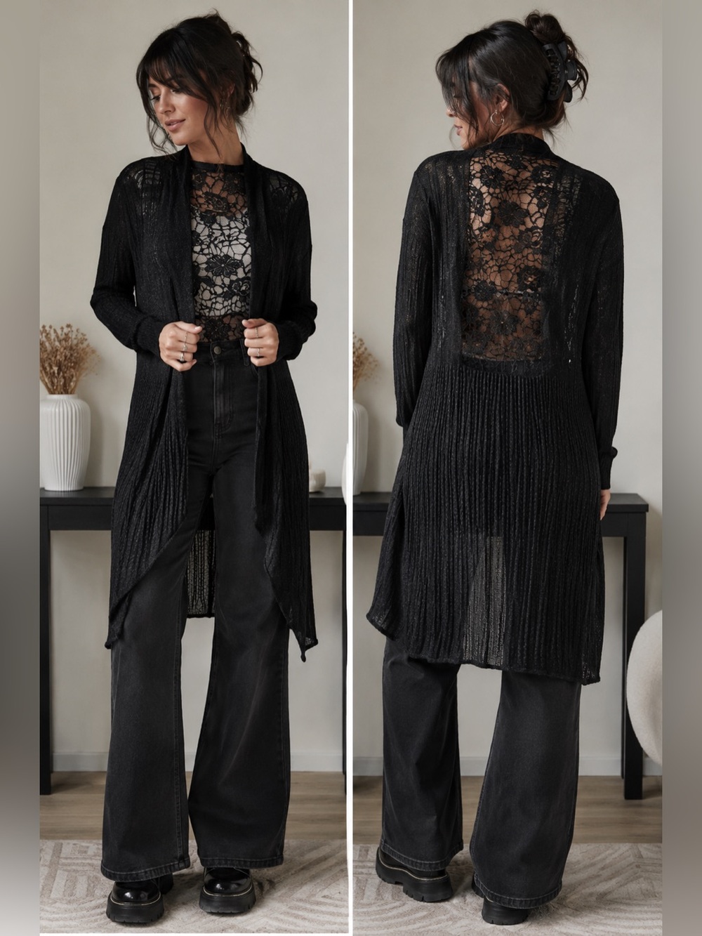 Black Long Open-Front Knit Cardigan with Lace Back